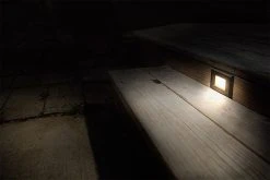 12V LED Step Light with Louvered Faceplate - Copper Finish - 3000K Warm White - Single Light -Nebo Sales Store deck step light natural white open frame night 1 1