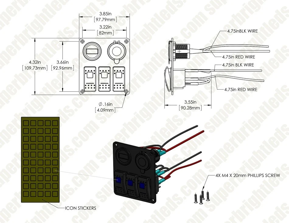 3-Position Waterproof LED Rocker Switch Panel with Voltmeter & Dual USB Ports - 12V DC 20A - RSP2-3 5 3-Position Waterproof LED Rocker Switch Panel with Voltmeter & Dual USB Ports - 12V DC 20A - RSP2-3 - Image 5