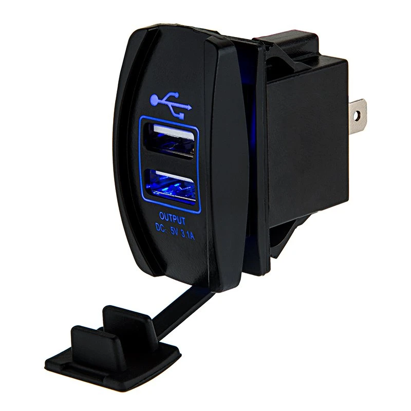 Dual USB Charger LED Rocker Switch Adapter with Blue Illumination - USB Type A Ports for Easy Installation 1 Dual USB Charger LED Rocker Switch Adapter with Blue Illumination - USB Type A Ports for Easy Installation