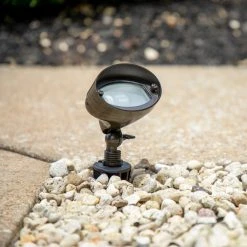 Solid Brass LED-Ready Landscape Flood Light with 2W G4 Bulb - 320 Lumens - 20W Equivalent - 3000K/4000K - Outdoor LED Lighting -Nebo Sales Store lfb f01 installed close up off