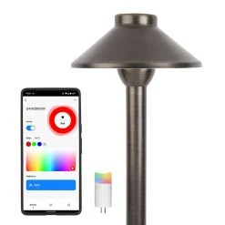 Smart Solid Brass Landscape Path Light with 6" Cone Shade - Alexa & Google Assistant Compatible - RGB + White G4 Bulb