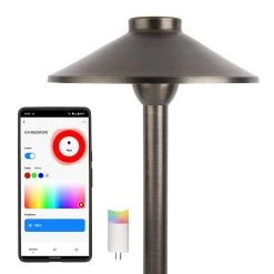 Smart Solid Brass Landscape Path Light - 8" Cone Shade with G4 RGB + White Bulb - Alexa & Google Assistant Compatible