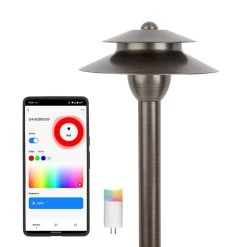Smart Solid Brass Landscape Path Light - 6" Two-Tier Cone Shade with G4 RGB + White Bulb - Alexa & Google Assistant Compatible
