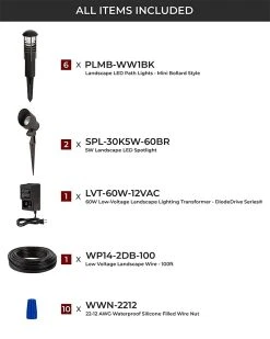 6 Mini Bollard Path Lights & 2 Spotlights LED Landscape Lighting Kit with Low Voltage Transformer - Warm White -Nebo Sales Store lskit 30k6p2s 60wl 1 all included