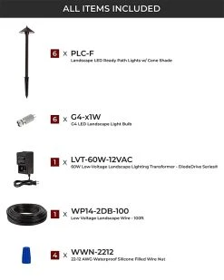 6-Pack LED Landscape Lighting Kit with Cone Shade Path Lights & Low Voltage Transformer - Outdoor Garden Lighting -Nebo Sales Store lskit 60k6p 60wl 1 all included updated