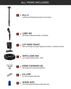 6-Piece LED Landscape Lighting Kit with Cone Shade Path Lights & Spotlights - Low Voltage Transformer Included 20 6-Piece LED Landscape Lighting Kit with Cone Shade Path Lights & Spotlights - Low Voltage Transformer Included -Nebo Sales Store lskit 60k6p2s 60wl 1 all included updated