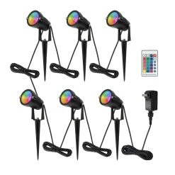 6 RGB LED Landscape Spot Lights Kit with Bluetooth & RF Remote Control - Low Voltage Transformer Included