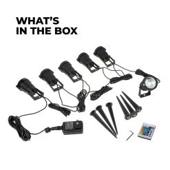 6 RGB LED Landscape Spot Lights Kit with Bluetooth & RF Remote Control - Low Voltage Transformer Included -Nebo Sales Store lskit rgb6sx0 24w 1btr whats in th box2