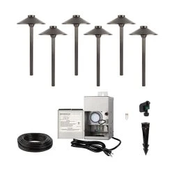 6-Piece LED Landscape Lighting Kit with RGBW G4 Smart Bulbs & Brass Cone Shade Path Lights - Low Voltage Transformer Included