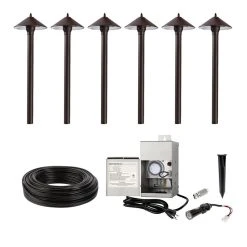 6-Piece LED Landscape Lighting Kit with Cone Shade Path Lights & Stainless Steel Transformer - Outdoor Garden Lighting