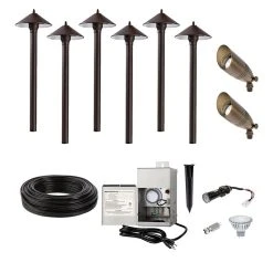 6-Piece LED Landscape Lighting Kit with Cone Shade Path Lights & Spotlights, Stainless Steel Transformer - Outdoor Garden Lighting