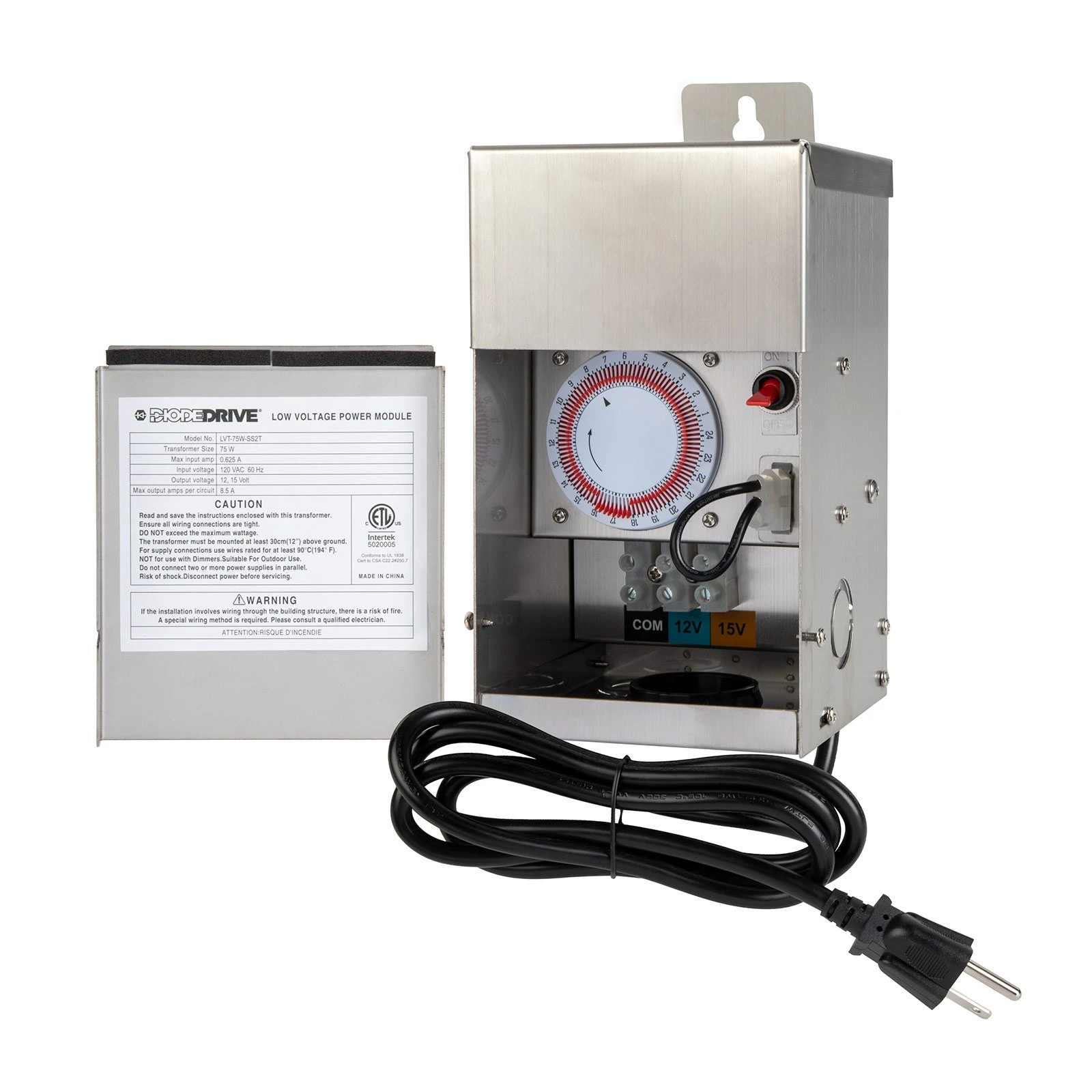 DiodeDrive® 75W Low Voltage Stainless Steel Transformer with Timer - 12V/15V Multi-Tap Output for LED Landscape Lighting 1 DiodeDrive® 75W Low Voltage Stainless Steel Transformer with Timer - 12V/15V Multi-Tap Output for LED Landscape Lighting