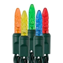25ft Mini Multicolor LED Christmas String Lights - 50 Faceted M5 Bulbs, Green Wire, Multi-Color (Red, Green, Blue, Yellow, Orange)
