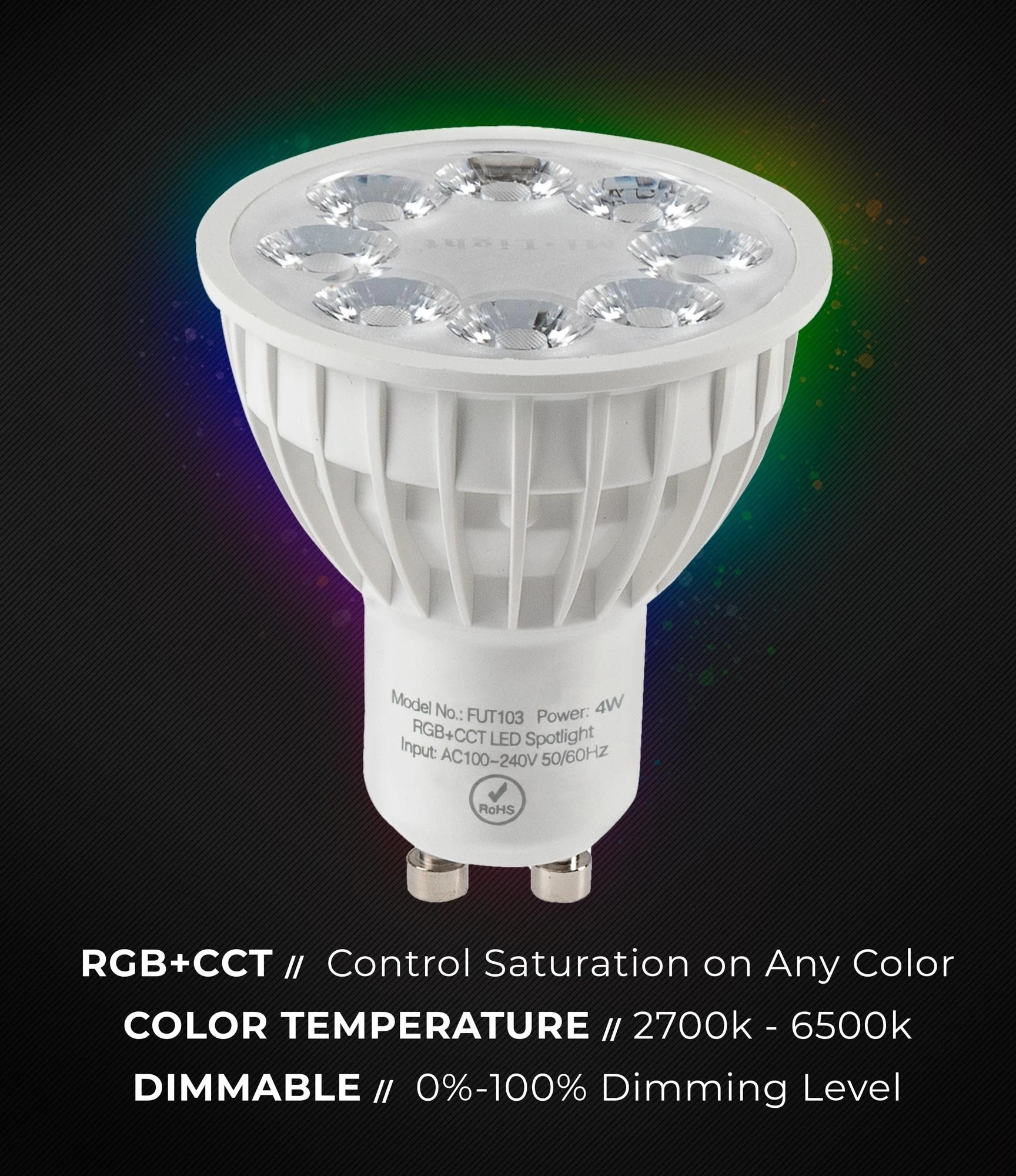 GU10 MiBoxer RGB+Tunable White Smart LED Bulb - Hubless, 4W, 35W Equivalent, 280 Lumens, RF Remote Optional 7 GU10 MiBoxer RGB+Tunable White Smart LED Bulb - Hubless, 4W, 35W Equivalent, 280 Lumens, RF Remote Optional - Image 7