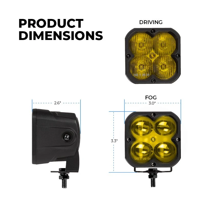 3” LED Pod Lights - 20W Square Off-Road Lights with Yellow Lens, 2,000 Lumens, Fog Beam - Single 5 3” LED Pod Lights - 20W Square Off-Road Lights with Yellow Lens, 2,000 Lumens, Fog Beam - Single - Image 5