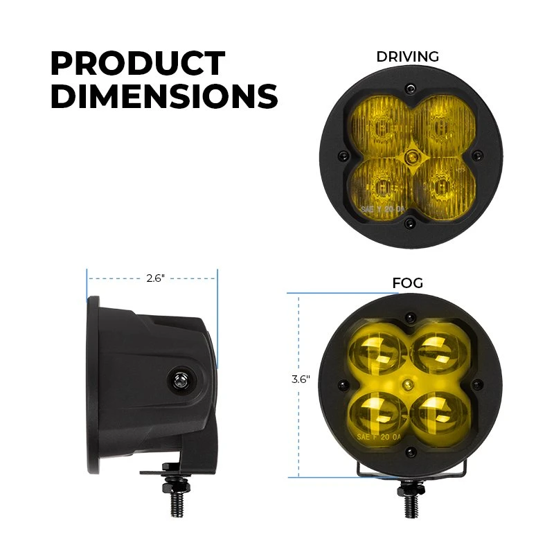3" LED Pod Lights - 20W Round Off-Road Lights with Yellow Lens, 2,000 Lumens, Fog Lights, 2-Pack 4 3" LED Pod Lights - 20W Round Off-Road Lights with Yellow Lens, 2,000 Lumens, Fog Lights, 2-Pack - Image 4