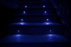 1W RGB Recessed LED Step Light - Stainless Steel Eyelid Design - Boat & Vehicle Lighting -Nebo Sales Store rsl x b installed on deck steps close up app 2