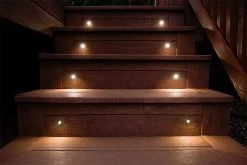 1W Recessed LED Step/Deck Light - Stainless Steel Eyelid Design - 3000K/4000K/6500K Natural White - Durable Landscape Lighting -Nebo Sales Store rsl xk1 b close up intalled on deck steps zoomed