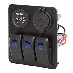 3-Position Waterproof LED Rocker Switch Panel with Voltmeter & Dual USB Ports - 12V DC 20A - RSP2-3