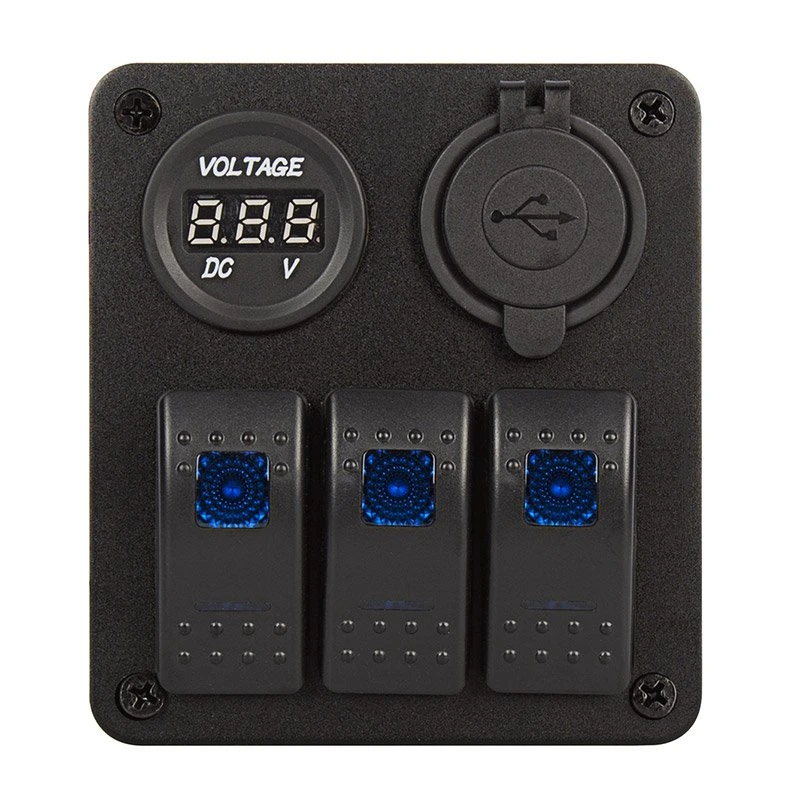3-Position Waterproof LED Rocker Switch Panel with Voltmeter & Dual USB Ports - 12V DC 20A - RSP2-3 2 3-Position Waterproof LED Rocker Switch Panel with Voltmeter & Dual USB Ports - 12V DC 20A - RSP2-3 - Image 2