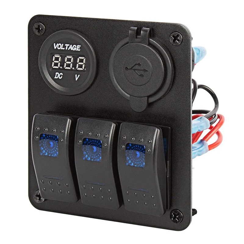 3-Position Waterproof LED Rocker Switch Panel with Voltmeter & Dual USB Ports - 12V DC 20A - RSP2-3 1 3-Position Waterproof LED Rocker Switch Panel with Voltmeter & Dual USB Ports - 12V DC 20A - RSP2-3