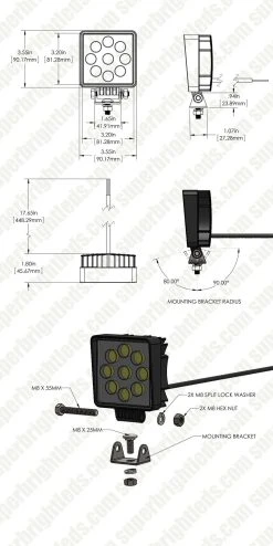 4" Square LED Pod Lights - 27W, 1,600 Lumens, 2 Pack - Durable Mini Work Lights for Vehicles -Nebo Sales Store wlm 27 s60 web dimensions